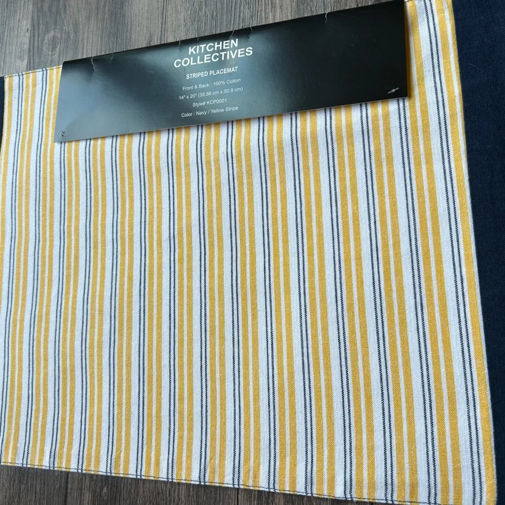 100% cotton, NWT, set of 6 placemats!Navy and Yellow Striped Placemats